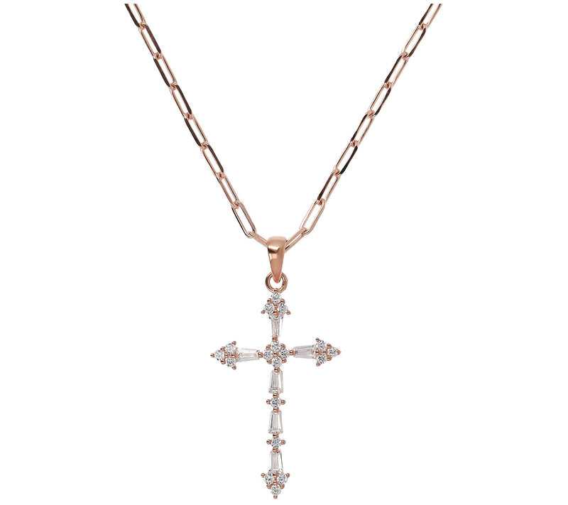 Diamonique Cross Pendant w/ Paperclip Link Chai n, Sterling — View 3