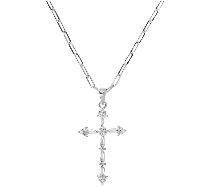 Diamonique Cross Pendant w/ Paperclip Link Chai n, Sterling — View 5