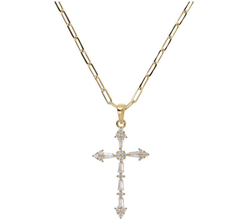 Diamonique Cross Pendant w/ Paperclip Link Chai n, Sterling — View 7