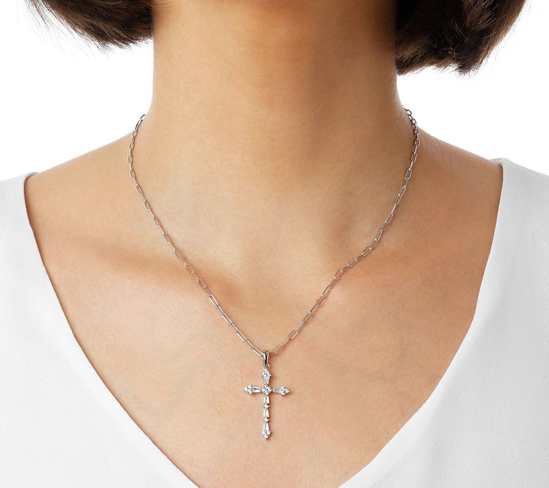 Diamonique Cross Pendant w/ Paperclip Link Chai n, Sterling — View 9