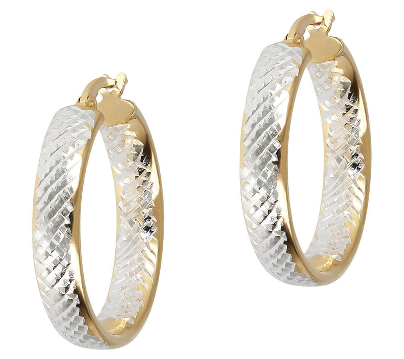 Italian Silver 1"  Diamond Cut Two-Tone Hoop Earrings — View 3
