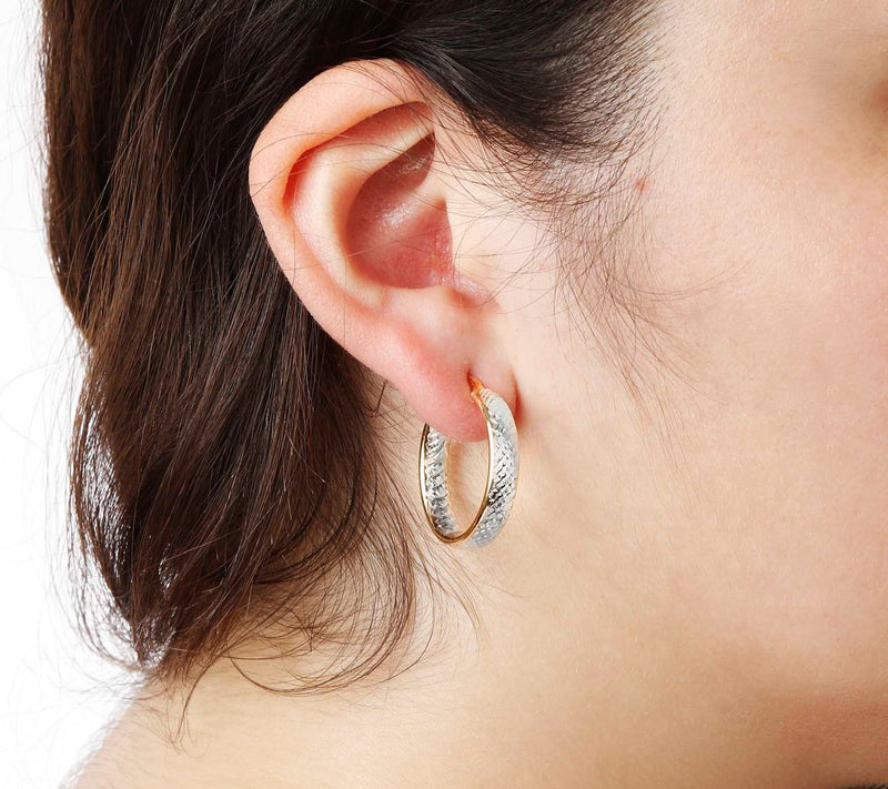 Italian Silver 1"  Diamond Cut Two-Tone Hoop Earrings — View 5
