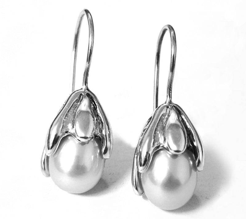 Hagit Sterling Silver Flower B ud Teardrop Pea rl Earrings Earrings — View 7