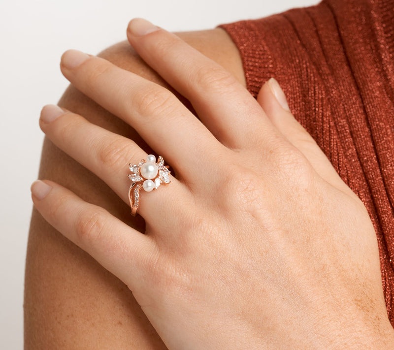 Diamonique 1.30 cttw Pearl Flower Ring, 18K Rose Gold Clad — View 3