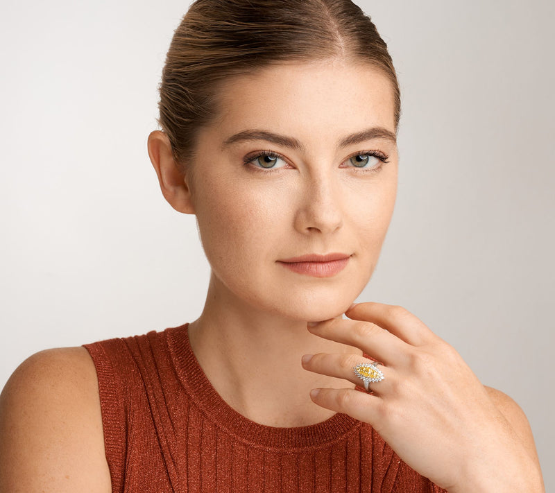 Diamonique Enlogated Canary Halo Ring, SterlingSilver — View 4