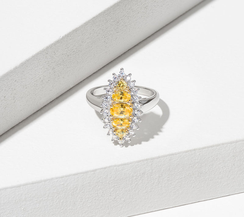 Diamonique Enlogated Canary Halo Ring, SterlingSilver — View 2