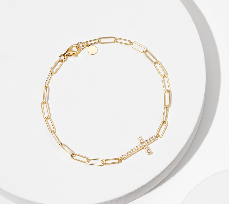 Diamonique Paperclip Link Cross Bracelet, 18K Gold Clad — View 2