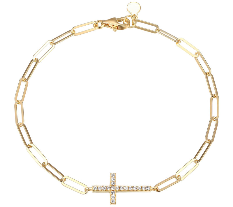 Diamonique Paperclip Link Cross Bracelet, 18K Gold Clad — Main view