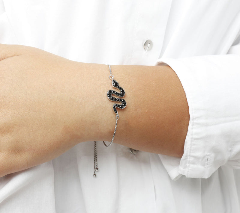 Mistero Black Spinel Snake Design Adjustable Brcelet, Sterlin — View 5