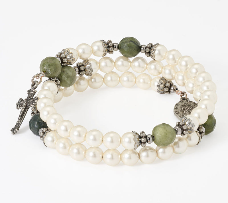 Connemara Marble Faux Pearl Coil Rosary Bracelet — View 10
