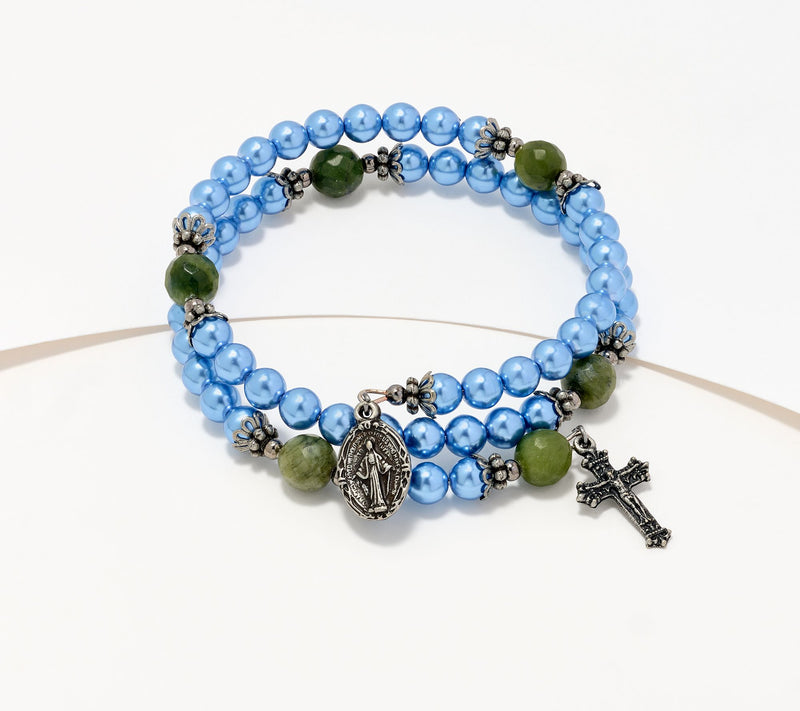 Connemara Marble Faux Pearl Coil Rosary Bracelet — View 3
