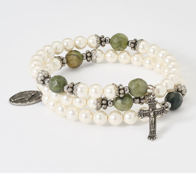 Connemara Marble Faux Pearl Coil Rosary Bracelet — View 6