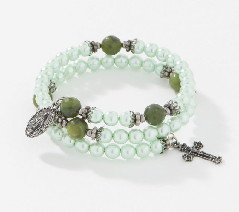 Connemara Marble Faux Pearl Coil Rosary Bracelet — View 17