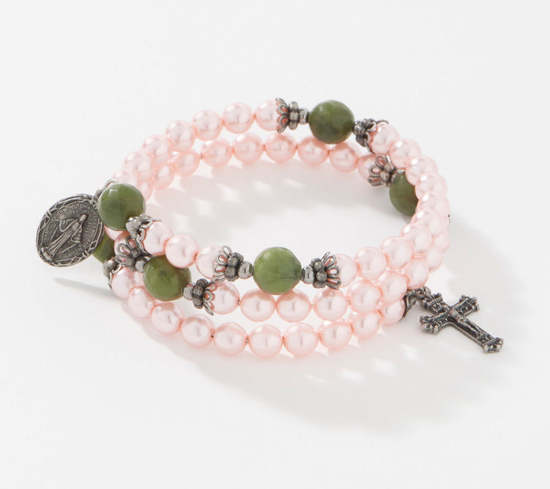 Connemara Marble Faux Pearl Coil Rosary Bracelet — View 18