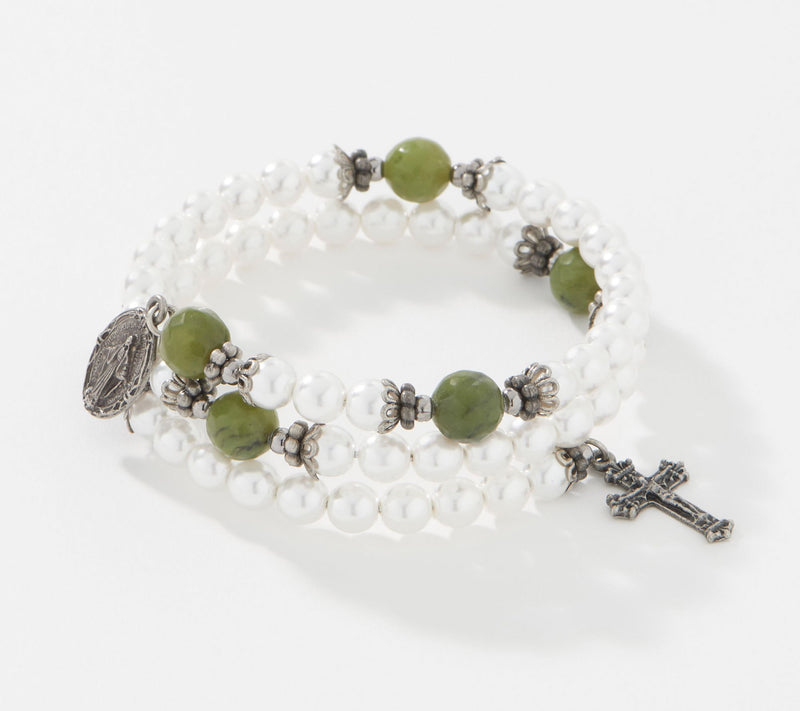 Connemara Marble Faux Pearl Coil Rosary Bracelet — View 19