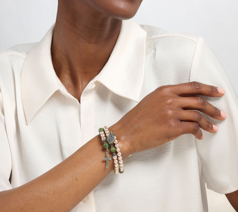 Connemara Marble Faux Pearl Coil Rosary Bracelet — View 13