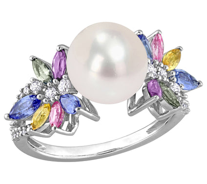 Bellini Cultured Pearl, Sapphire & Diamond Ring , 14K Gold