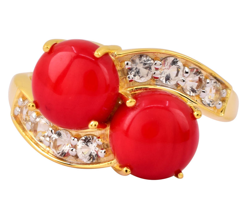 Affinity Gems Red Coral &White Topaz Ring, 14K Gold Plated — View 4