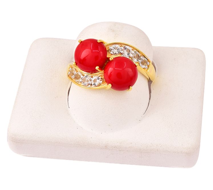 Affinity Gems Red Coral &White Topaz Ring, 14K Gold Plated — View 8