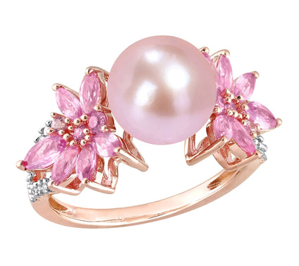 Bellini Cultured Pearl, Pink Sapphire & DiamondRing, 14K Gold