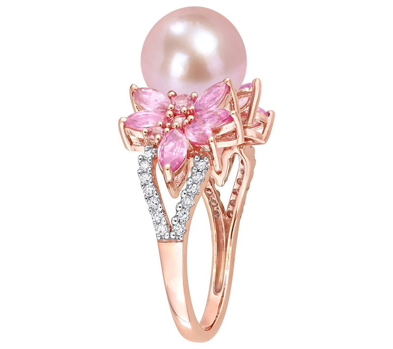 Bellini Cultured Pearl, Pink Sapphire & DiamondRing, 14K Gold — View 4