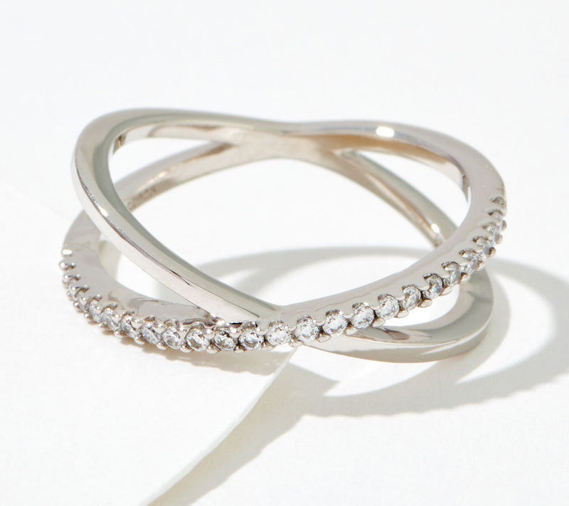 Diamonique Polished and Pave Crossover Ring, Sterling Silver — View 8