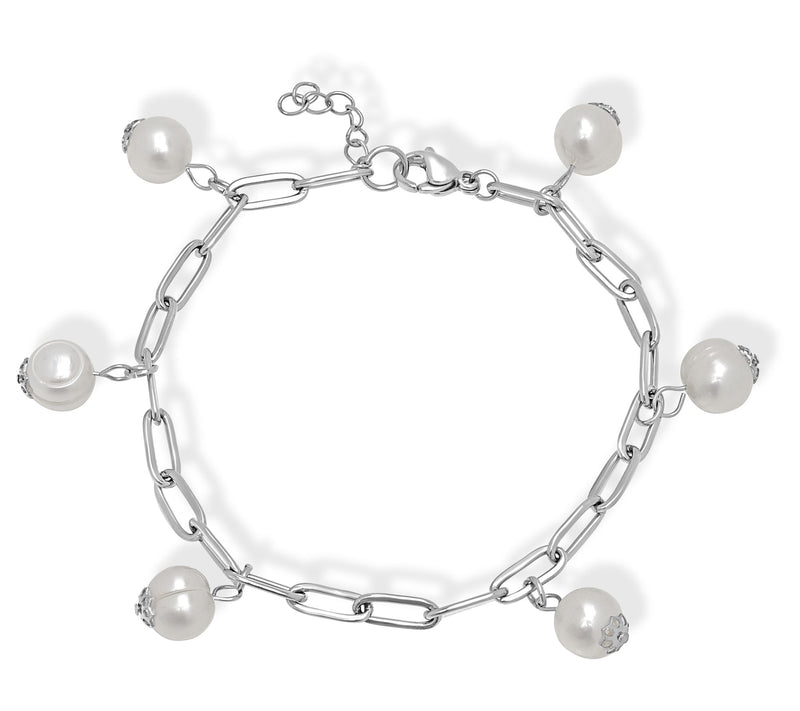Steel by Design Paperclip Link Cultured Pearl Charm Bracelet — View 3