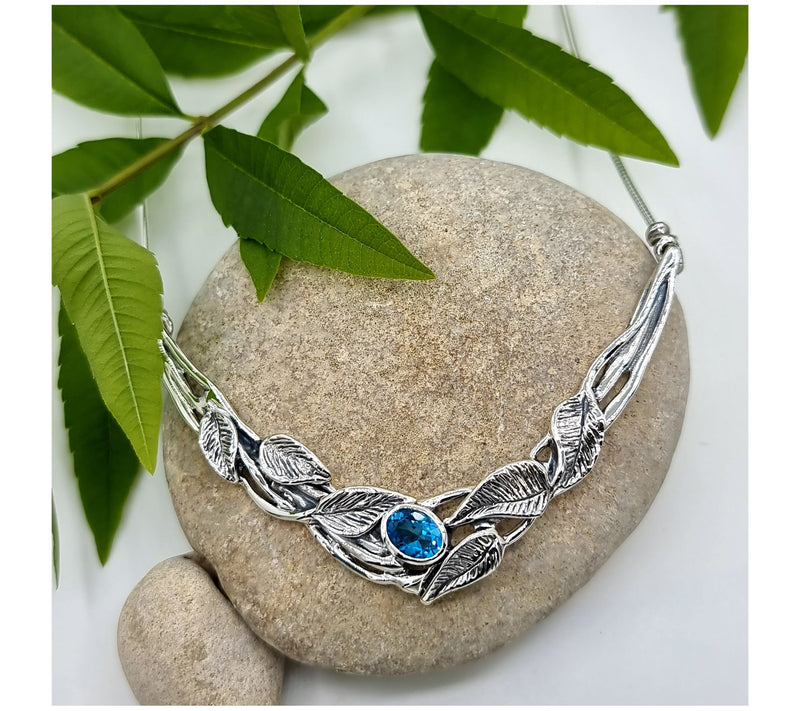 Hagit Sterling Silver Blue Topaz Leaf Stat emen t Necklace — View 5