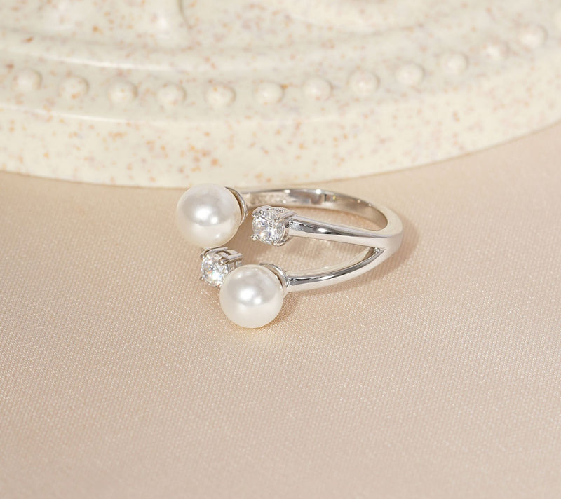 Diamonique Double Cultured Pearl Cuff Ring, Sterling Silver — View 8