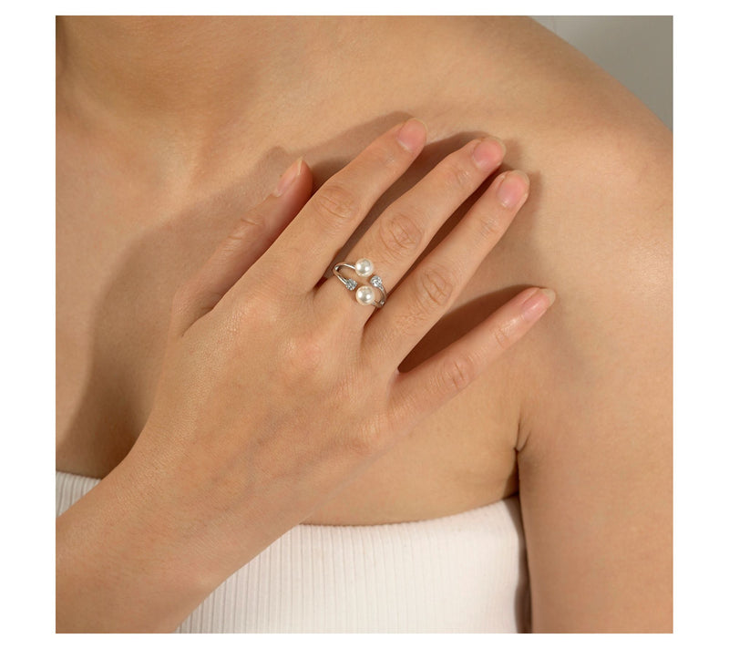 Diamonique Double Cultured Pearl Cuff Ring, Sterling Silver — View 10