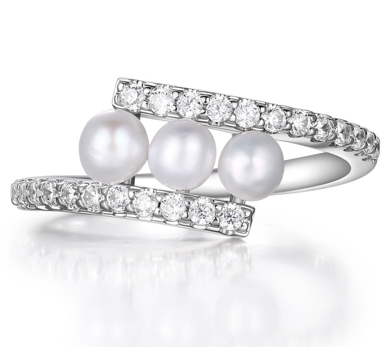 Diamonique Cultured Pearl Bypass Ring, Platinum Clad — View 4