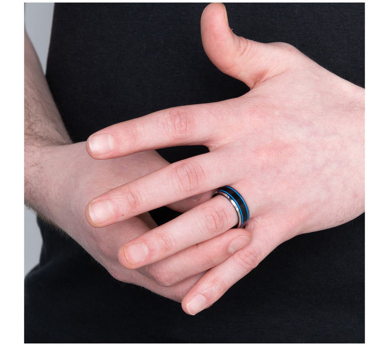 Verve Men's Jewelry Stainless Steel Black and Blue Ring — View 2