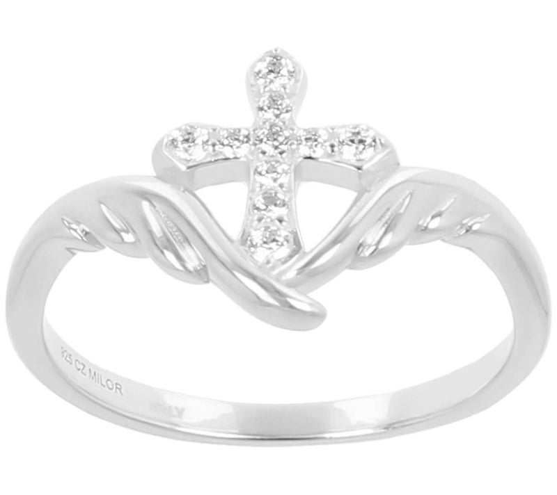 Diamonique Polished Cross & Wings Band Ring, Sterling Silver — View 3