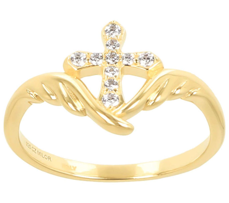 Diamonique Polished Cross & Wings Band Ring, Sterling Silver — View 5