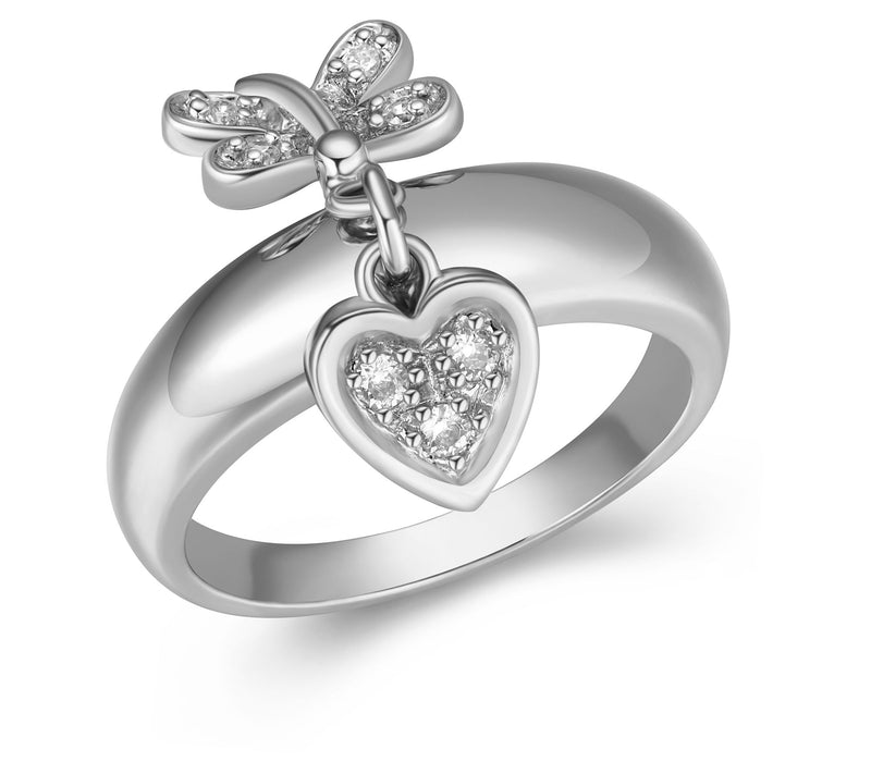 Diamonique Butterfly & Heart Charm Ring, Platinum Clad — View 3