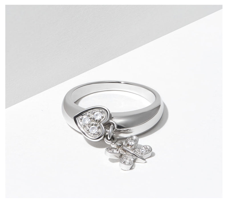 Diamonique Butterfly & Heart Charm Ring, Platinum Clad — View 8
