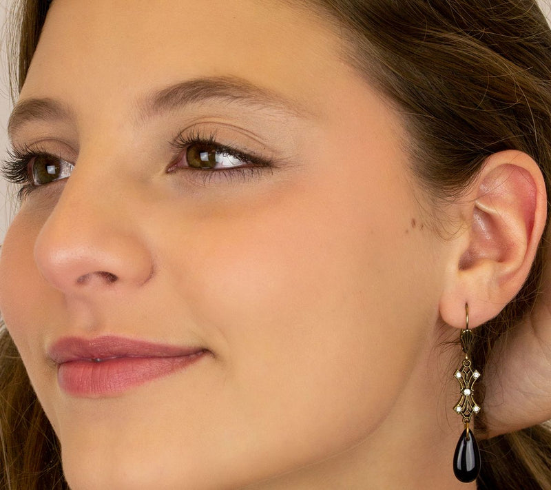 Anne Koplik Filigree Black Glass Teardrop Earrings — View 4