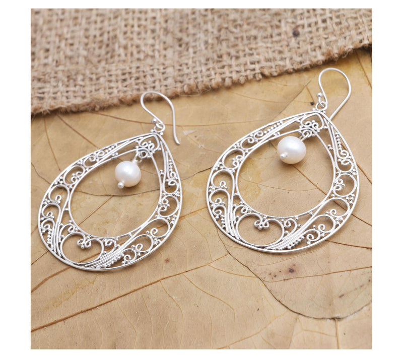 Novica Artisan Crafted Sterling Cultured Pearl Hoop Earrings — View 5