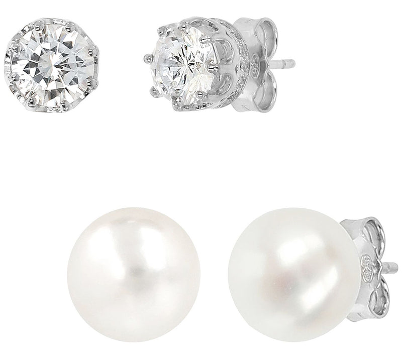 Diamonique x Honora Cultured Pearl Set of Ear rings, Sterling — View 6