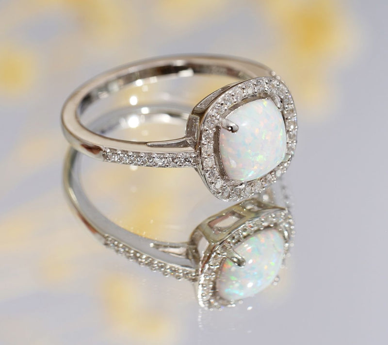 Diamonique & Opal Halo Ring, Sterling Silver — View 7