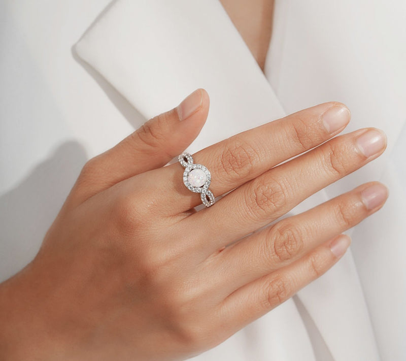 Diamonique & Round Opal Halo Ring, Sterling Silver — View 7
