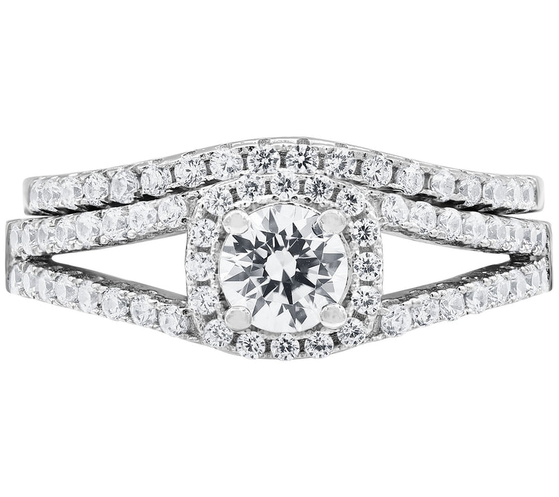 Diamonique Round Cut Halo Bridal Ring Set, SterlingSilver — View 4