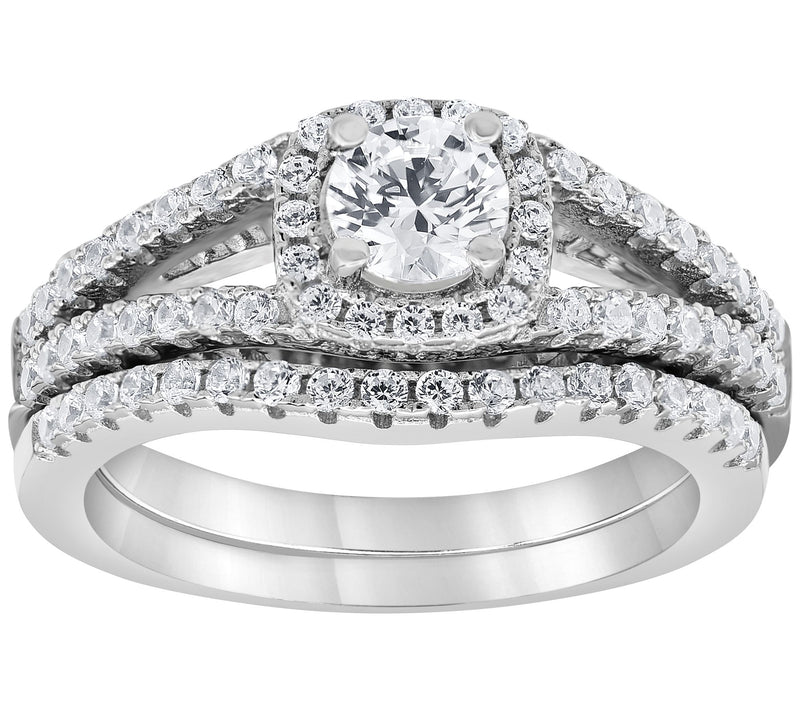 Diamonique Round Cut Halo Bridal Ring Set, SterlingSilver — Main view