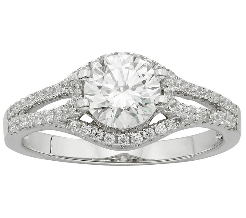 Diamonique Round Cut Halo Engagement Ring, Sterling — View 3
