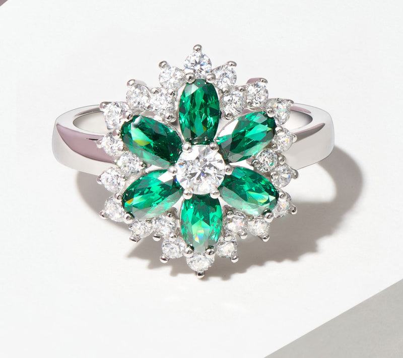 Diamonique 3.10 cttw Green Flower Ring, Sterlin g Silver — View 7