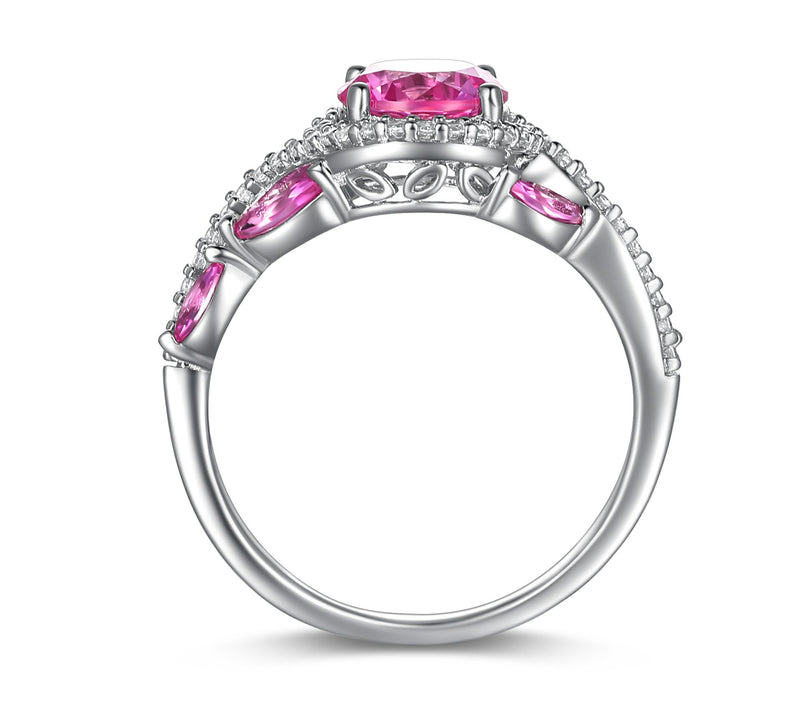 Diamonique & Created Pink Sapphire Ring, Sterli ng Silver — View 5