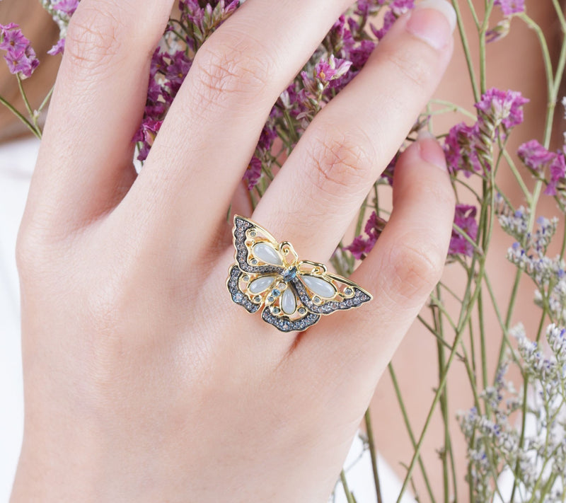 Ariva 18K Gold Clad Blue Multi-Gemstone Butterfly Ring — View 7