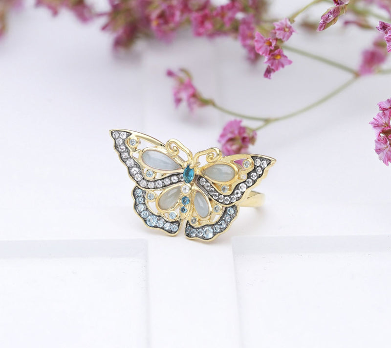 Ariva 18K Gold Clad Blue Multi-Gemstone Butterfly Ring — View 6