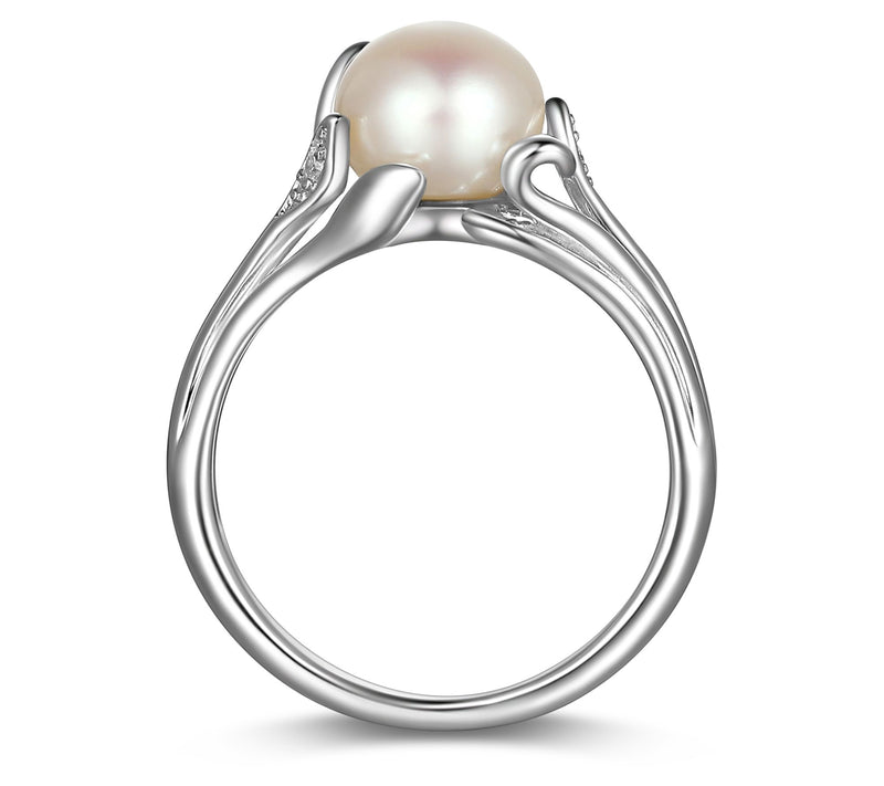 Diamonique Leafy Cultured Pearl Ring, Sterling Silver — View 5