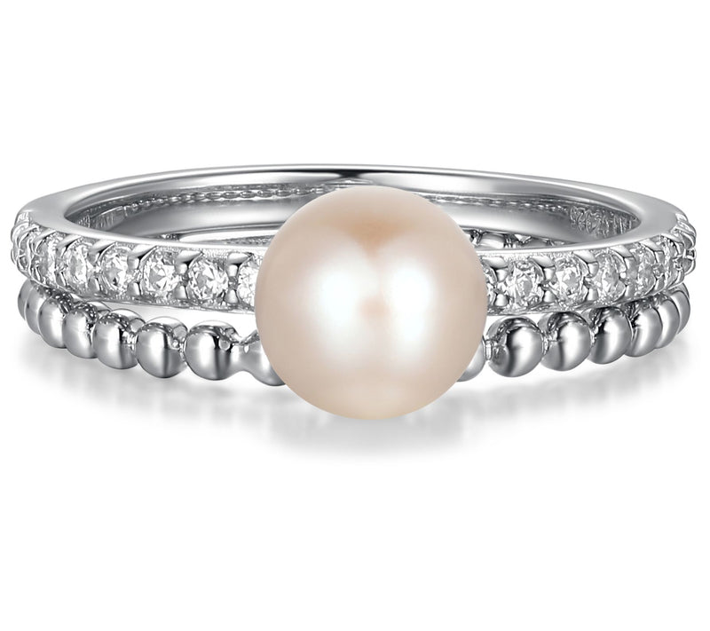 Diamonique Cultured Pearl Stackable Ring Set, Sterling Silver — View 4